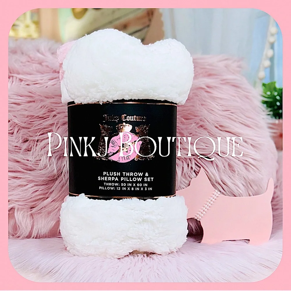 💗🐾 2pc {Juicy Couture} Pink Stripe {Paws} Throw Blanket+Bone Shape Pillow Set!